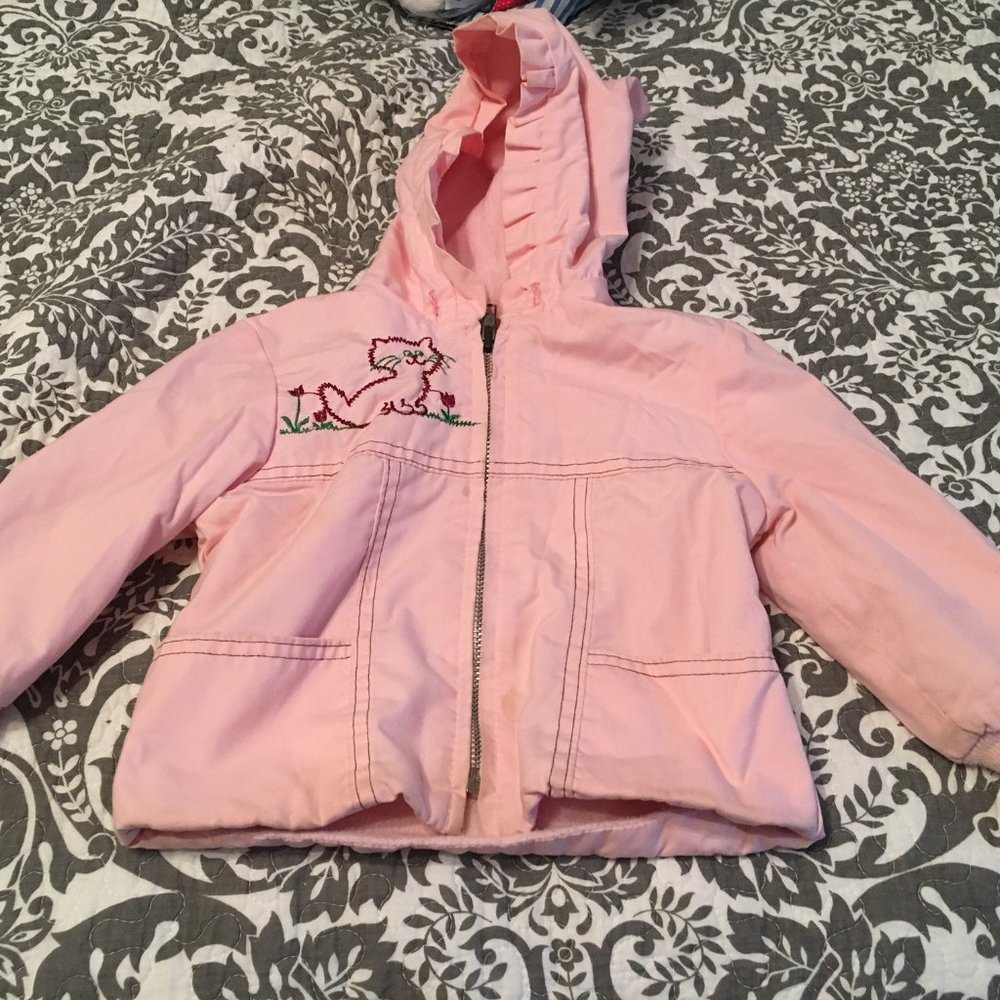 Vintage 80s pink Quiltex coat with hoodie & cat detail